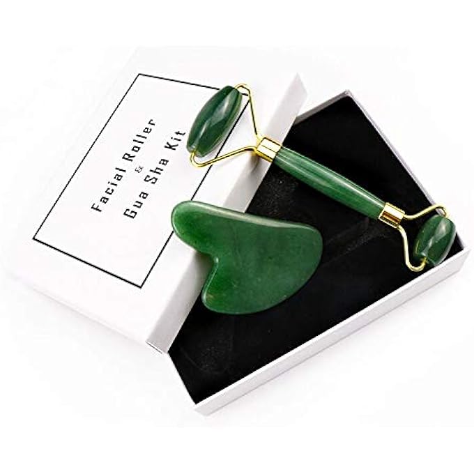 Dingfeng NATURAL A GRADE AVENTURINE JADE ROLLER FACIAL ROLLER GUA SHA SET KIT FACE&NECK MASSAGER PRODUCTS FOR SKIN CARE (GREEN) - Image 1